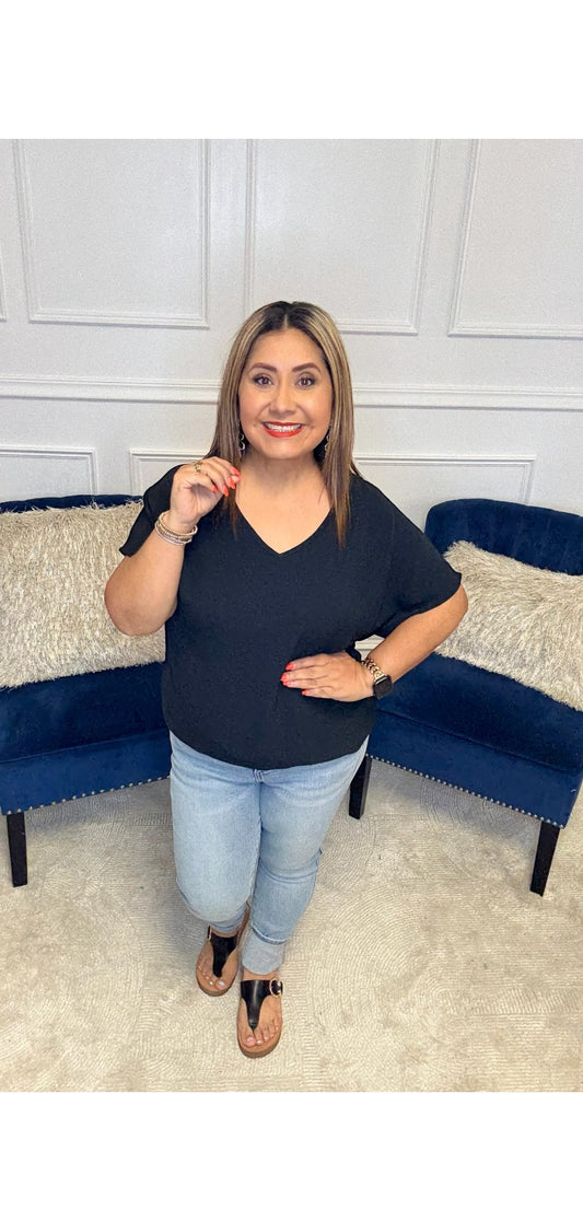 Frequently Asked Questions V-Neck Top in Black